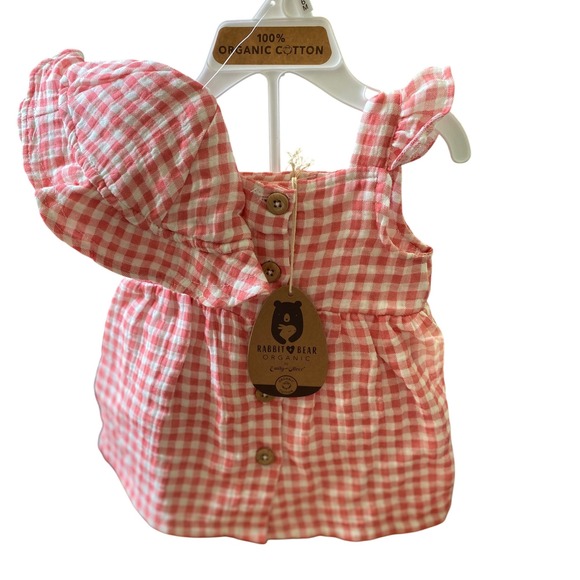 Rabbit Bear Organic by Emily and Oliver Other - Rabbit Bear Organic Pink Gingham Dress Bloomer/Hat Set Ruffle Sleeves 3-6M NWT